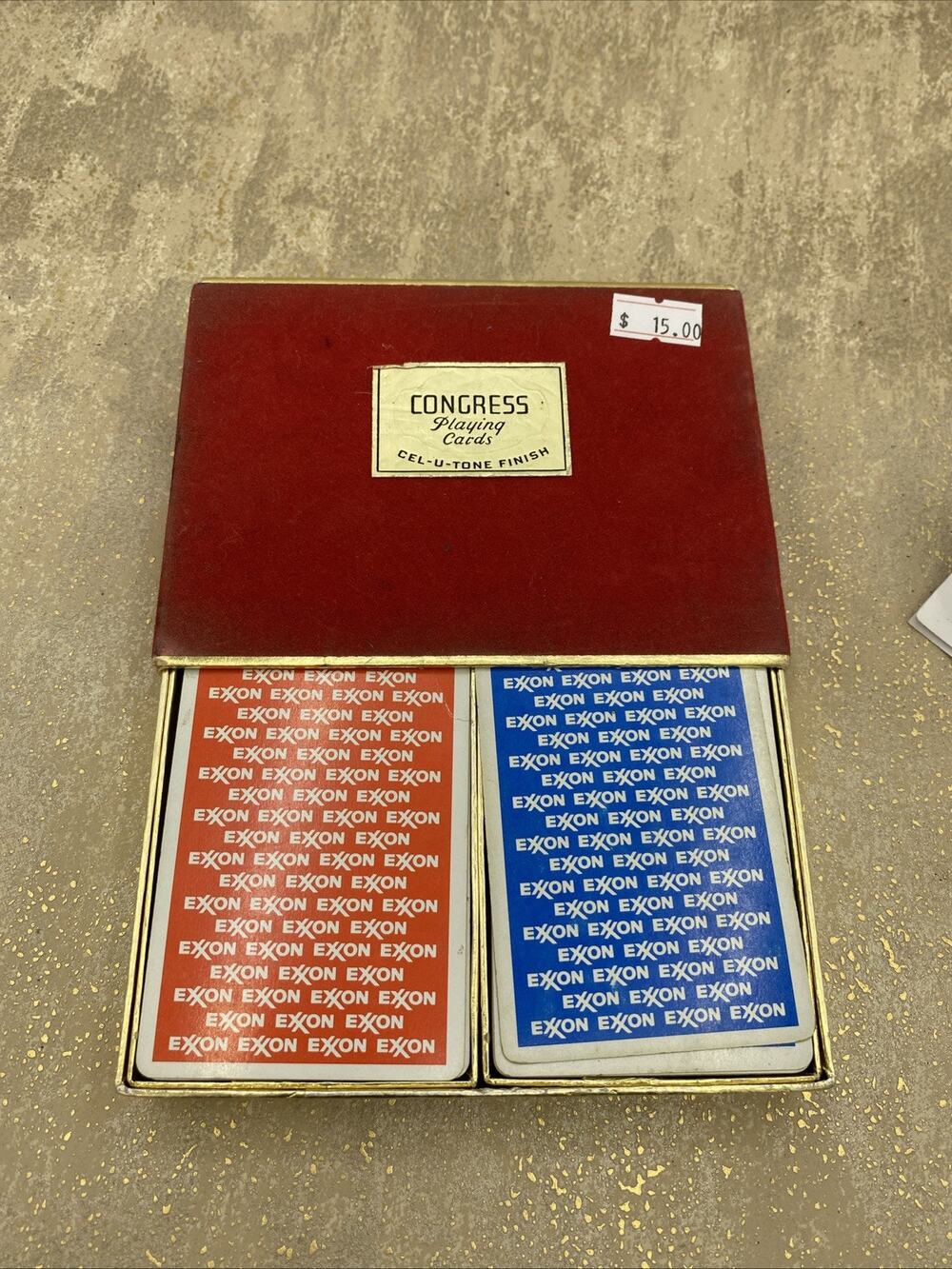 Exxon Playing Cards by Congress 2 Decks in Red Velvet Box Cel-U-Tone Finish VTG